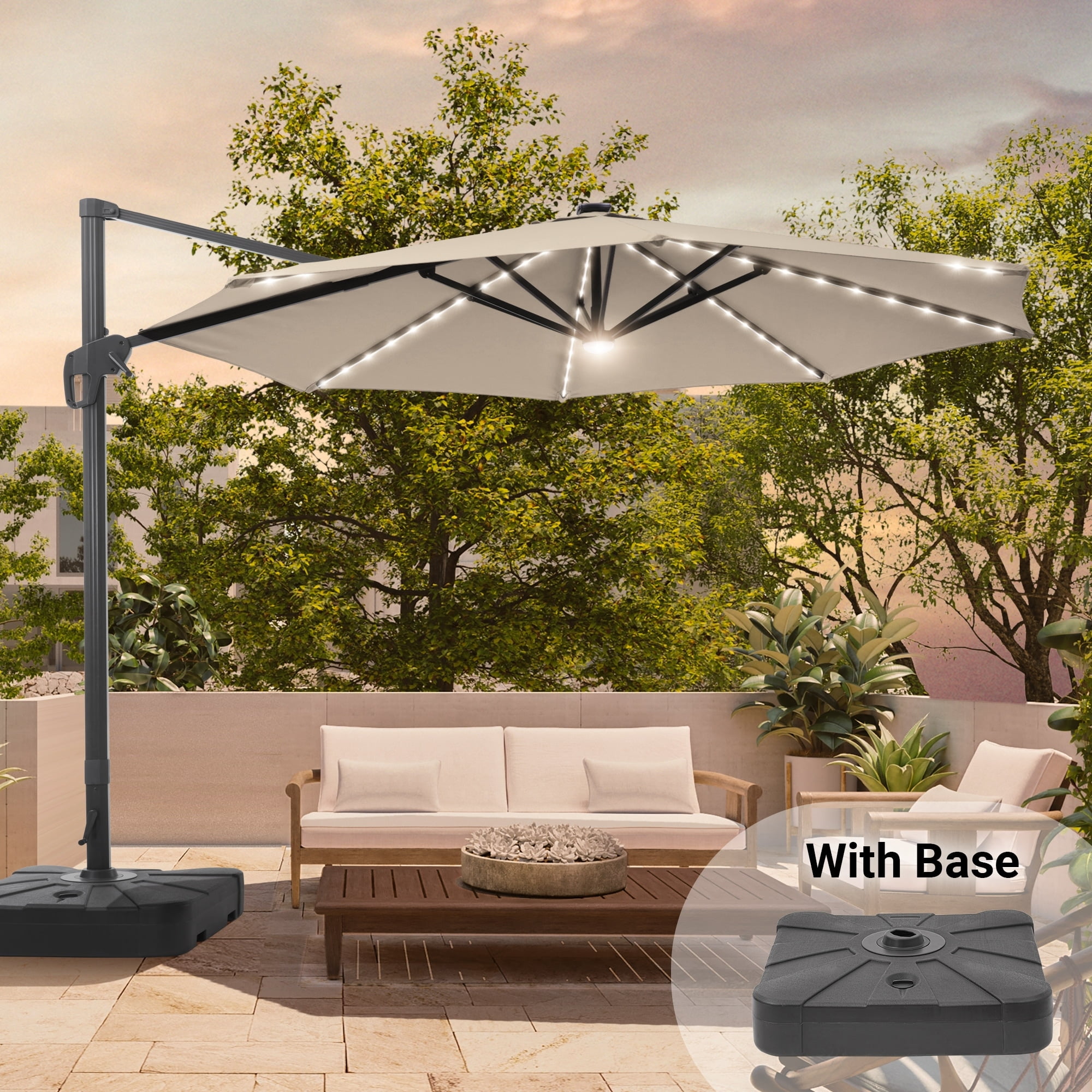 11FT Solar LED Patio Cantilever Umbrella With Resin Base by Bonosuki