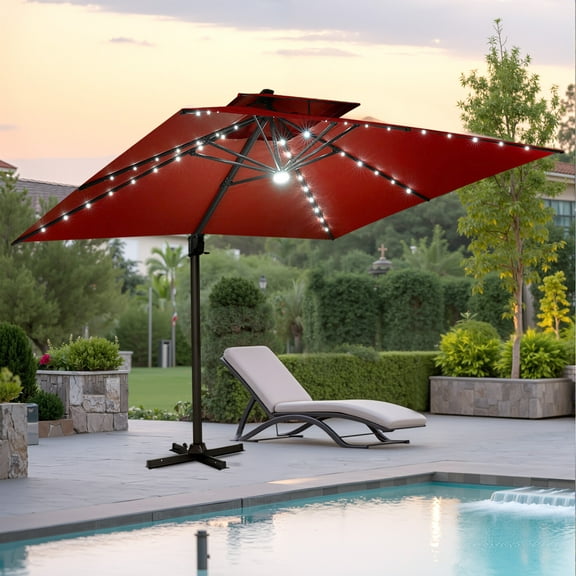 11FT Square Double Top Cantilever Umbrella Outdoor 360° Rotation 6 Heights Adjustable Offset Umbrella Metal Pole Cantilever Patio Umbrella With Light