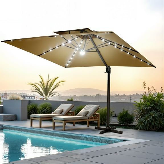 11FT Square Double Top Cantilever Umbrella Outdoor 360° Rotation 6 Heights Adjustable Offset Umbrella Metal Pole Cantilever Patio Umbrella With Light
