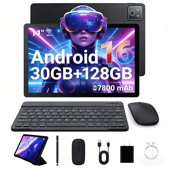 BUFO 11 Inch Tablet with Keyboard set, 30GB RAM+128GB ROM, 2000x1200 IPS HD Display, Dual Camera, 7800mAh, Black