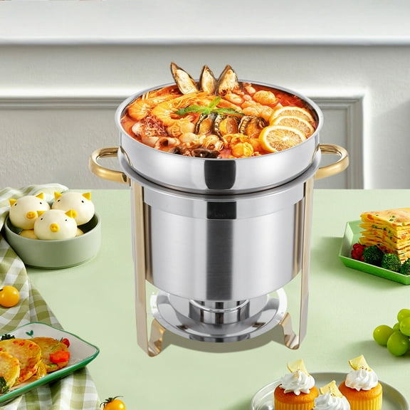 11L Soup Chafer Stainless Steel Round Soup Warmer with Pot Lid and Fuel Holder in Gold