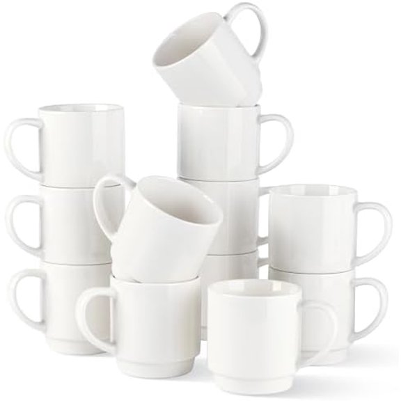 11OZ Stackable Coffee Mugs, Ceramic Coffee Mugs Set of 12 for Man,Woman,Dad,Mom, Porcelain Coffee Mugs for Latte/Cappuccino/Cocoa. Dishwasher&Microwave Safe, Off White
