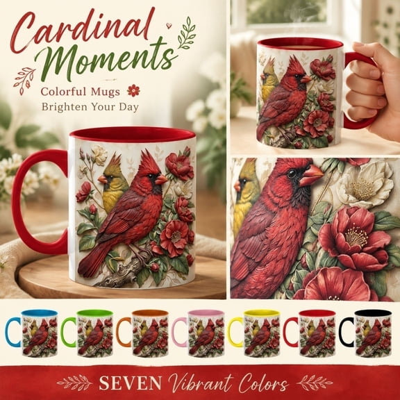 11Oz Black Interior Ceramic Coffee Mug, 3D Printed Cardinal Pair Bird Motif Design, Rustic Floral Wildlife Decor Home Accent, Bird Lover Gift for Everyday Use, 3.5X3.5 Inch Dish