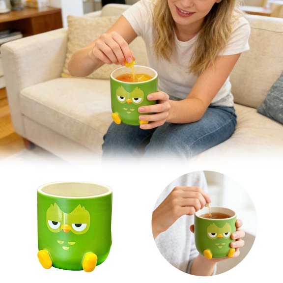 11Oz Duolingo Owl Ceramic Mug Funny Novelty Green Owl Duo Coffee Cup For Language Learners & Coffee Lovers(Green-10X13Cm)