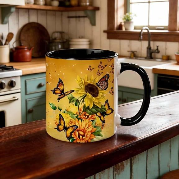 11Oz Floral Mug Featuring Sunflower & Butterfly - Yellow Ceramic Coffee Cup