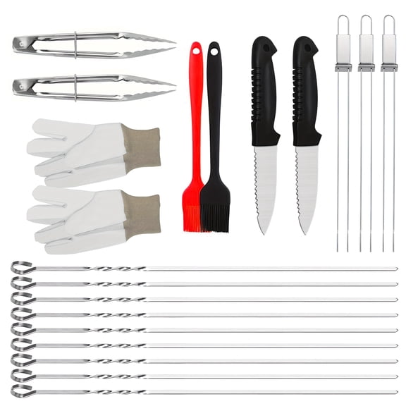 11PC BBQ Tool Set Includes Gloves, Knife, Oil Brush, Stainless Steel Skewers & Tongs Perfect for Outdoor Camping, BBQ, & Bonfires Great Gift for Dad