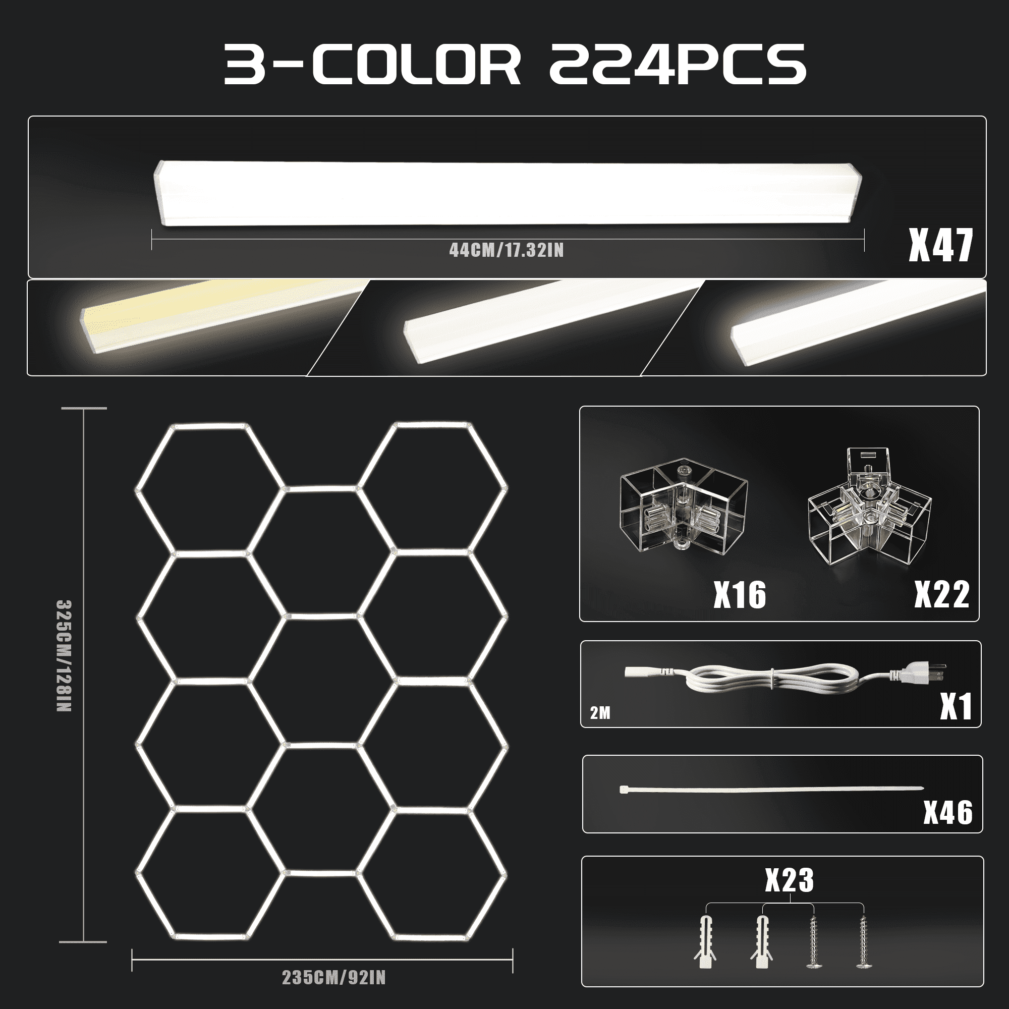 11Hexagon-Tricolor Garage Lights, Large Panel 6500K Ultra Bright Ceiling Light for Garage, Workshop & Industrial Lighting, Car Detailing Shop,Bright Ceiling Lights, Basement, Gym,Durable