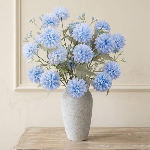 11PCS Artificial Flowers-7PCS Large Pompon Mums + 4PCS Baby’s Breath, Faux Silk Chrysanthemum & Gypsophila Floral for DIY Bouquet,Long Stem Home Decor(Blue)