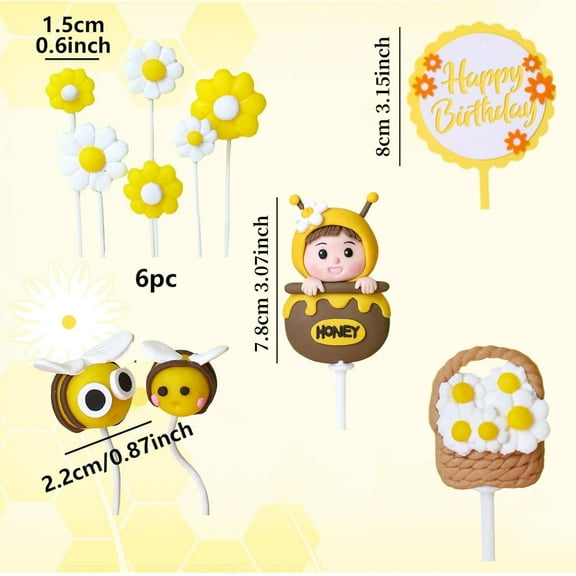 11PCS Bumble Bee Cake Toppers Honeycomb Flower Cupcake Picks Gender Reveal Cake Decorations for Boys Girls Birthday Party Supplies