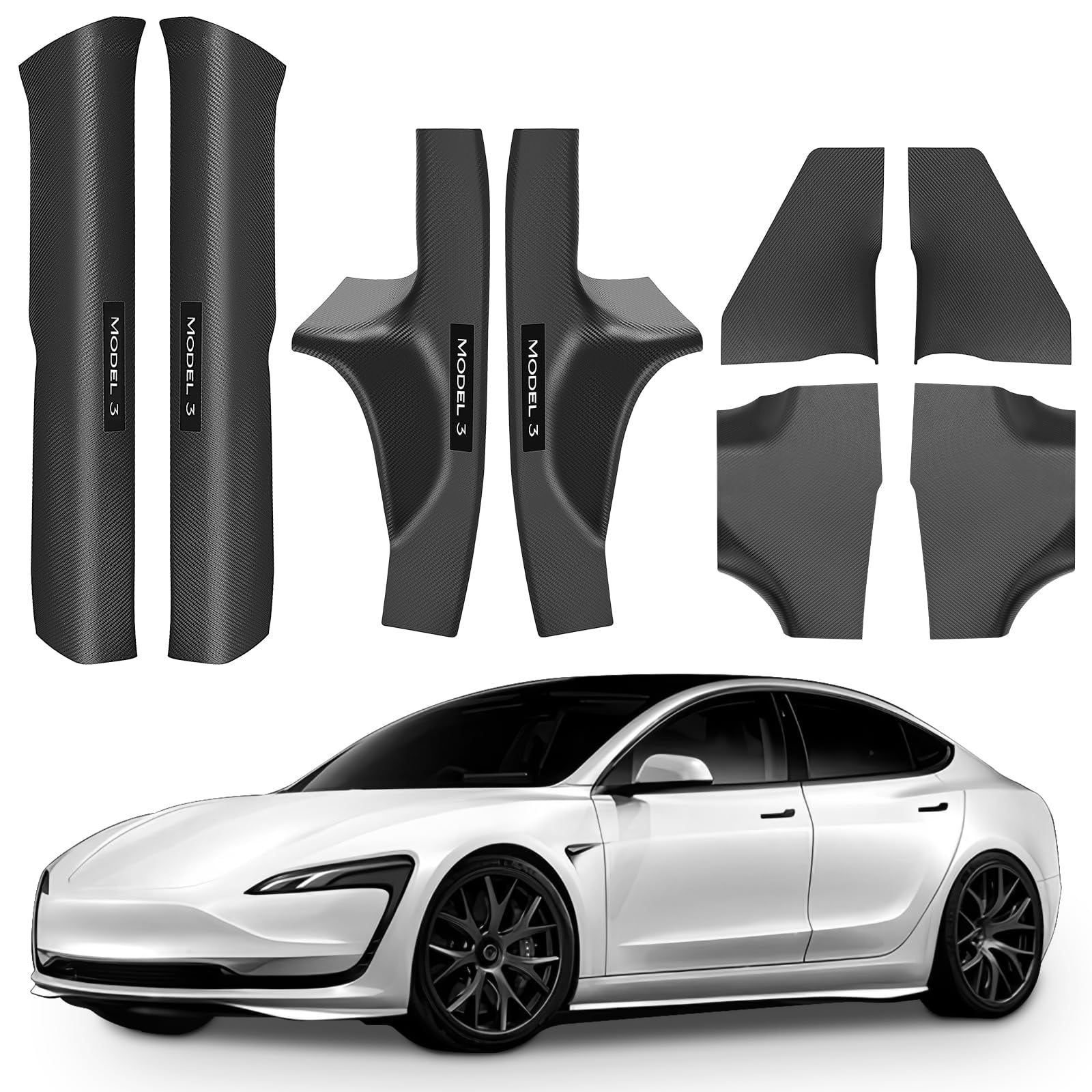 11PCS Carbon Fiber Door Sill Protector Model Y Juniper 2025 2026 8Pcs Door Sill Protector and 2Pcs Center Console Anti-Kick Pads and Rear Bumper Guard for Tesla Model Y Juniper Accessories