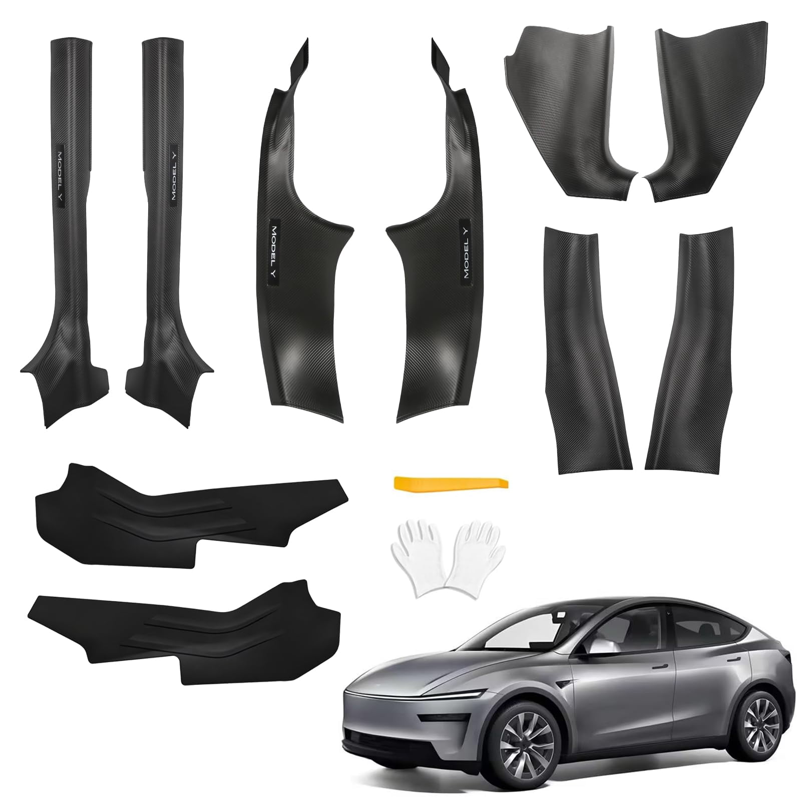 11PCS Carbon Fiber Door Sill Protector Model Y Juniper 2025 2026 8Pcs Door Sill Protector and 2Pcs Center Console Anti-Kick Pads and Rear Bumper Guard for Tesla Model Y Juniper Accessories