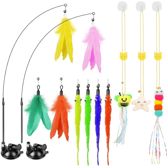11PCS Cat Wand Toy Set with Suction Cup & Door Hanging, Interactive Feather Worm Refills, Self-Play or Hand-Held, Adjustable Elastic Rope, for Indoor Cats