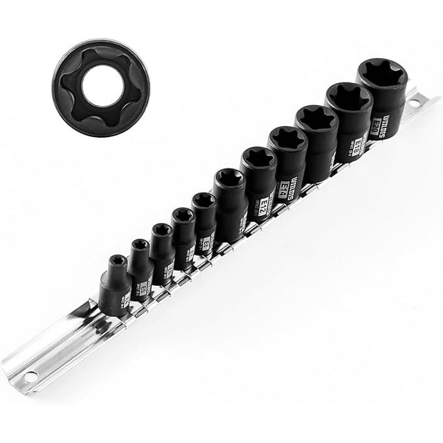 11PCS Female Torx Socket Set, ETorx Socket Set with Rail,1/4" and 3/8" Drive, Female External