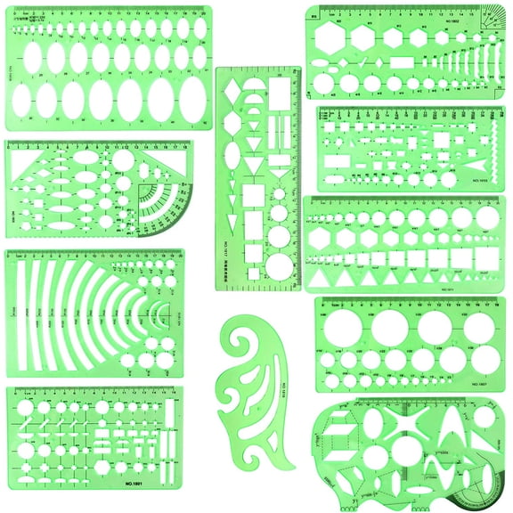 11PCS Geometric Drawings Templates, Drafting Stencils Measuring Tools, Plastic Clear Green Ruler Shapes with a Zipper Bags for Architecture, Office, Studying, Designing and Building
