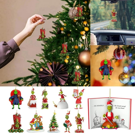 11PCS Grinch Decorations Clearance Christmas Ornaments For Tree Green Character Grinch, Acrylic Hanging Xmas Tree Decoration Home Car Backpack Pendant Hanging Decoration for Holiday Tree Décor