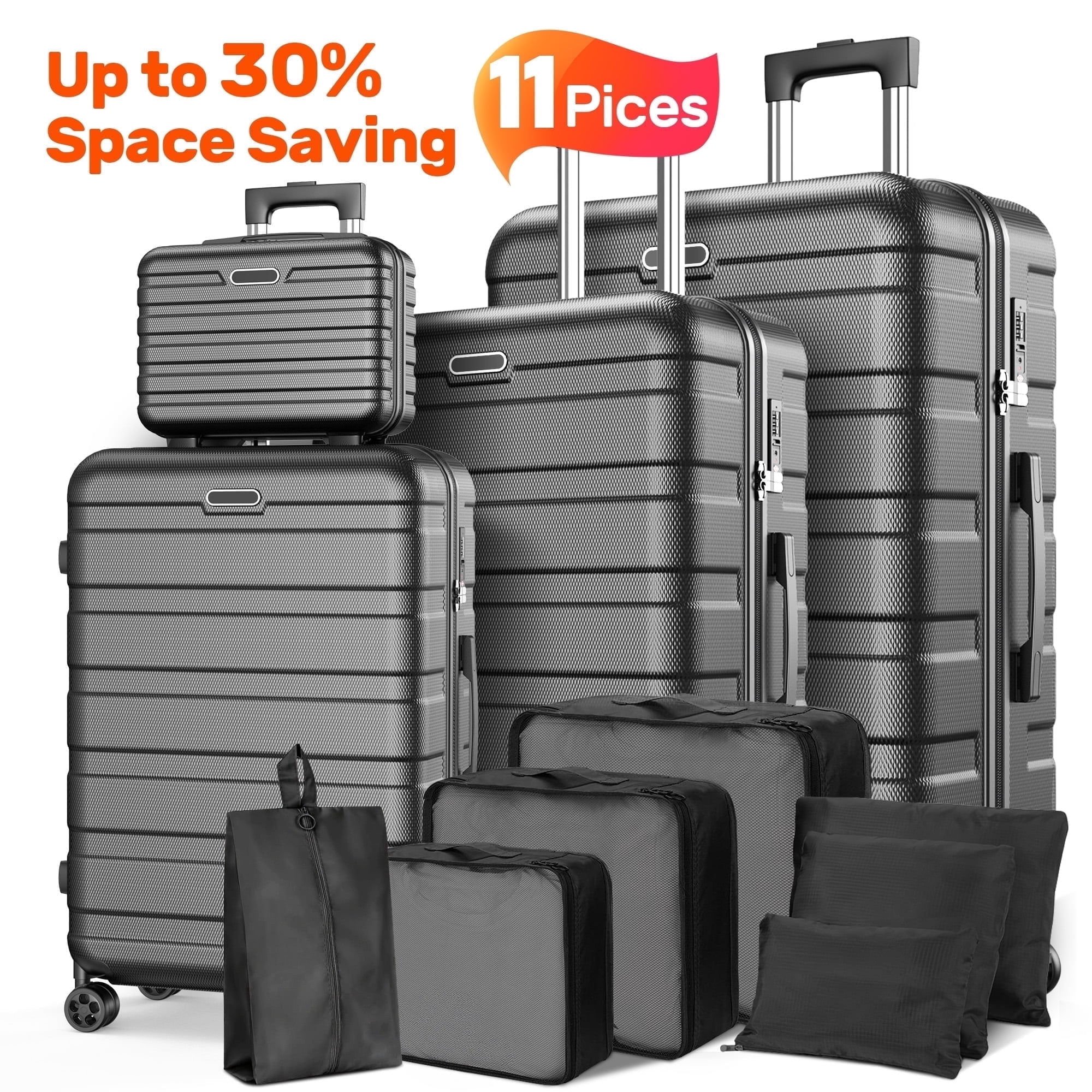 11PCS Hardside Luggage Set, Lightweight ABS Suitcases with Password Lock & 360° Spinner Wheels, Includes 14" Travel Case, 20" Carry-On, 24" Checked, 28" Large Luggage + 7 Packing Cubes, Black