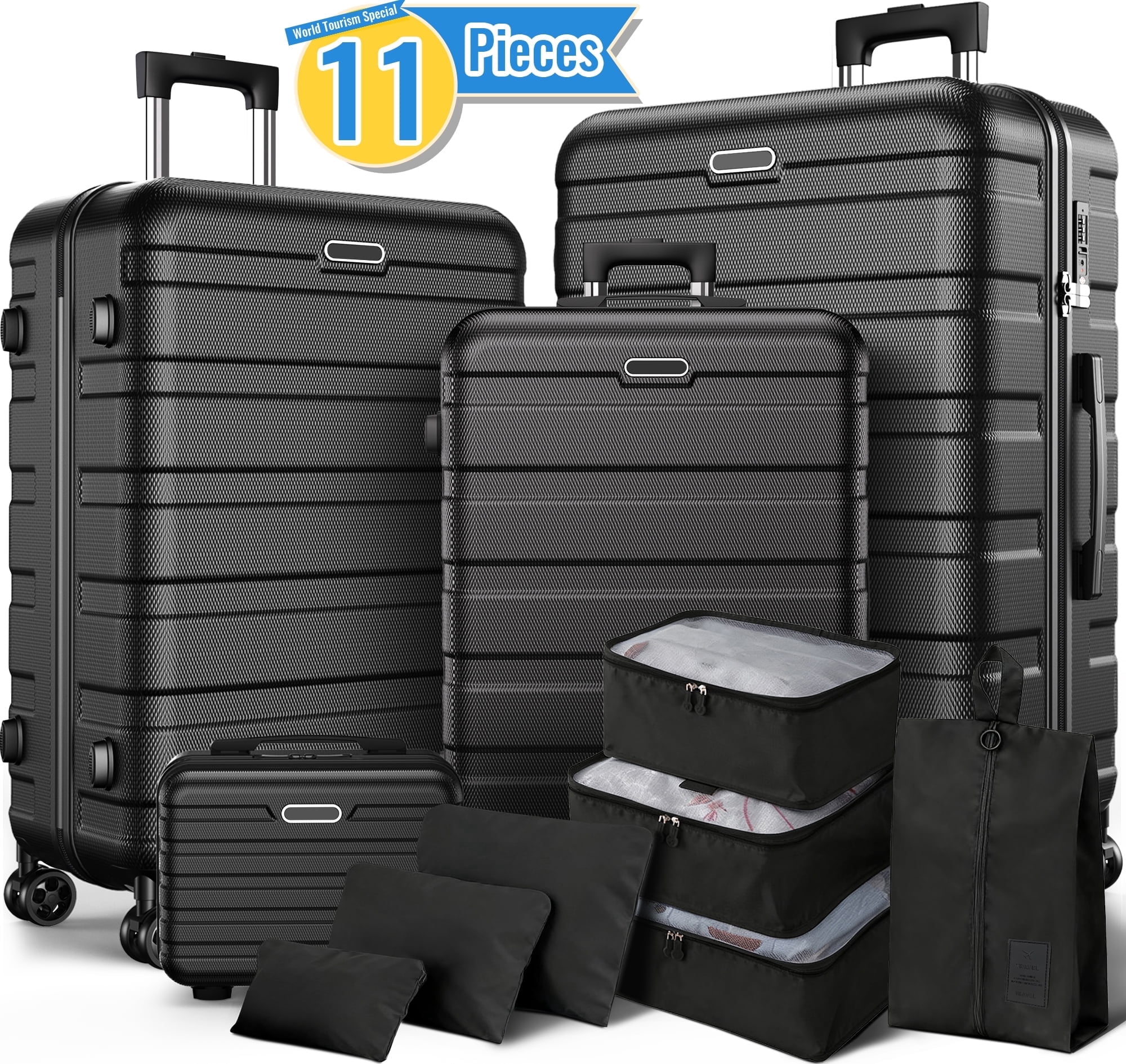 11PCS Luggage Set – 4 Hardside Spinner Suitcases (14”/20”/24”/28”) + 7 Packing Cubes, Lightweight Durable Travel Luggage with 360°Spinner Wheels for Family, Business, Vacation