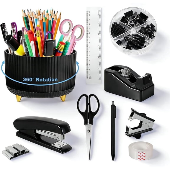 11PCS Office Supplies Set, Desk Stationery Set with 360 Rotating Pen Holder 1000Stapler Staple Remover Clips Set Tape Dispenser Tape Staples Pen Ruler Scissors and Sticky Notes,Black
