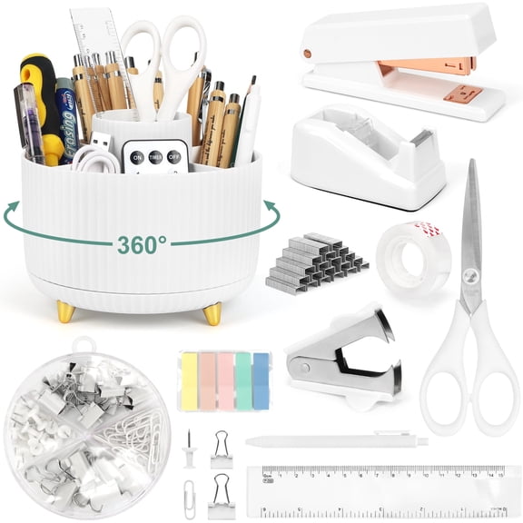 11PCS Office Supplies Set, Desk Stationery Set with 360 Rotating Pen Holder 1000Stapler Staple Remover Clips Set Tape Dispenser Tape Staples Pen Ruler Scissors and Sticky Notes,White