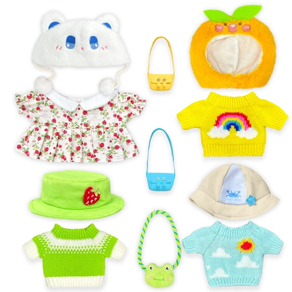 11PCS Plush Dress-Up Clothes & Accessories Set for 10.2 Inch Capybara Stuffed Animal, 4 Hats + 3 Mini Bags + 3 Knit Sweaters + 1 Dress, Mix & Match Outfit Kit