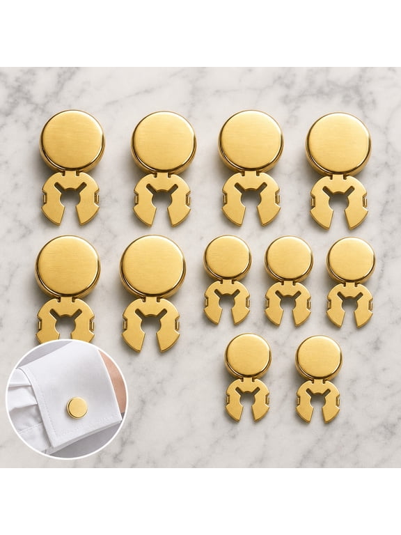 11Pack Gold Button Cuff Covers, 2 Sizes Metal Shirt Button Covers, Snap On Decorative Button Replacements for Women Dress Shirts, Blouses, Long Sleeve Cuff Styling, Gold