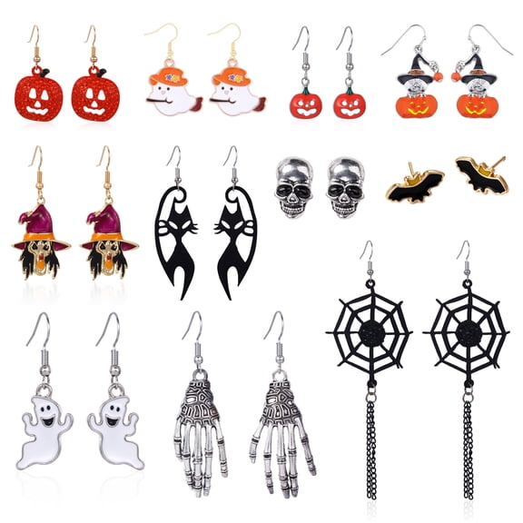 11Pairs Dangle Drop Halloween Earrings for Women Cute Spooky Pumpkin Ghost Witch Skeleton Bat Spider Black Cat Goth Cosplay Party Jewelry