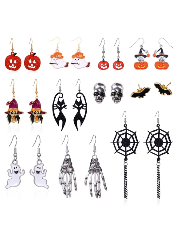 11Pairs Dangle Drop Halloween Earrings for Women Cute Spooky Pumpkin Ghost Witch Skeleton Bat Spider Black Cat Goth Cosplay Party Jewelry