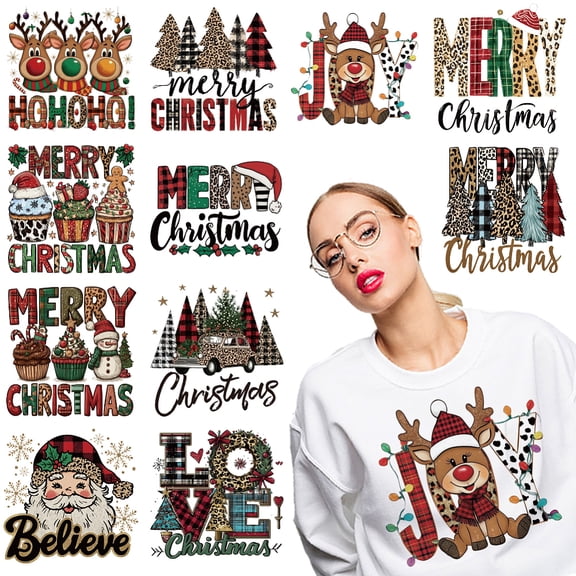 11Pcs 11 Styles Christmas Theme Plastic Heat Transfer Film Logo Stickers Set for DIY T-Shirt Mixed Shapes 167.5~230x230mm 1pc/style diy