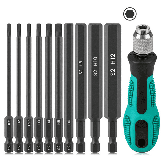 11Pcs Allen Wrench Drill Bit Set with Quick Change Bit Driver, 1/4" Metric Hex Screwdriver Set(1.5mm-12mm), Magnetic Allen Key Drill Bit Set, Allen Socket Set for Furniture, 4"(100mm) long
