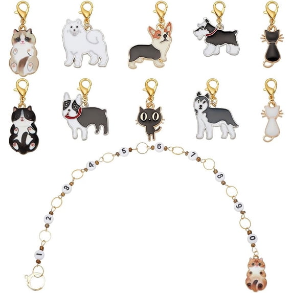 11Pcs Animal Stitch Marker Charms Cat Dog Alloy Enamel Charm Locking Markers Acrylic Number Bead Knitting Row Counter Chains with Claw Clasps