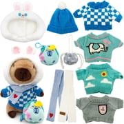 11Pcs Blue Capybara Stuffed Animal Dress Up Set, 25cm Fluffy Capybara Plush Doll with Knit Sweaters, Bunny Hood, Scarves & Mini Bag Accessories, Pretend Play Gift for Kids