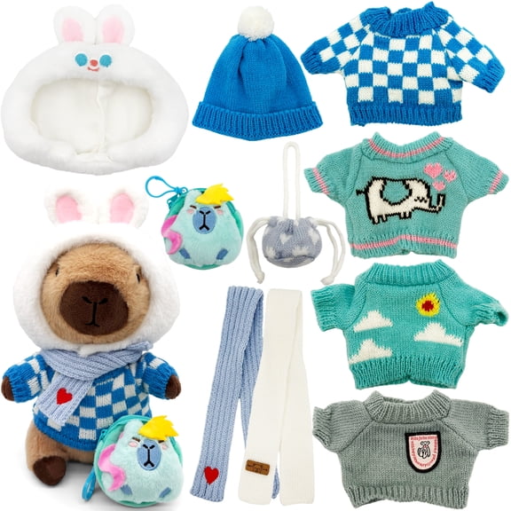 11Pcs Blue Capybara Stuffed Animal Dress Up Set, 25cm Fluffy Capybara Plush Doll with Knit Sweaters, Bunny Hood, Scarves & Mini Bag Accessories, Pretend Play Gift for Kids