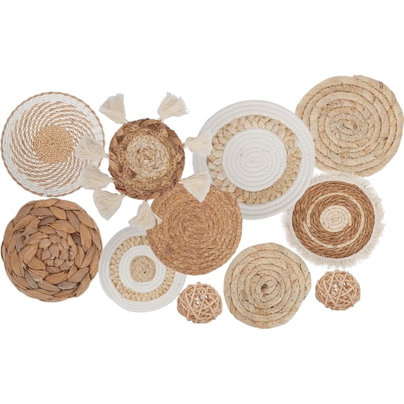 11Pcs Boho Wall Basket Decor, Round Hanging Rattan Wall Decor Flat Woven Basket Wall Hanging Decor, Tassels White Seagrass Wicker Boho Baskets Decoration Art for Farmhouse Bedroom Living Room