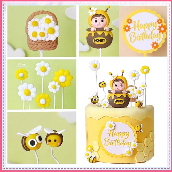 11Pcs Bumble Bee Cake Toppers Honeycomb Flower Oh Babee Cupcake Picks Gender Reveal Cake Decorations for Birthday Party Supplies