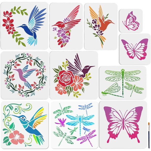 11Pcs Butterfly Hummingbird Stencils Spring Dragonfly Painting Stencil 5.9~11.8inch Nature Flower Drawing Template with Paint Brush