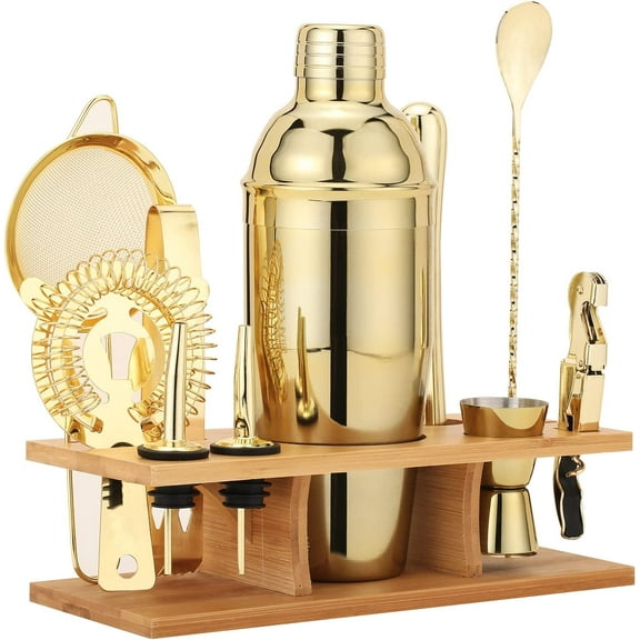 Bartending, 11Pcs-Cocktail Shaker Set Gold Drink Mixer with 25oz Martini Shaker,Muddler,Bar Spoon and More Professional for Home and Bartender.(Gold)