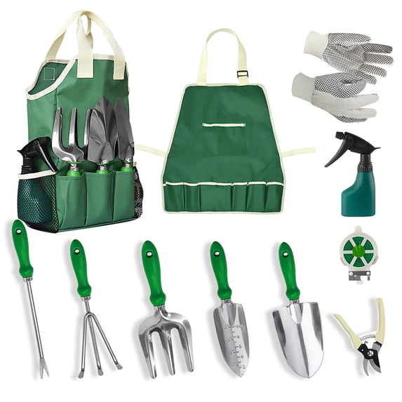 11Pcs Garden Tool Set with Heavy Duty Stainless Steel Equipment and Canvas Storage Apron for Professional Outdoor Planting and Weeding