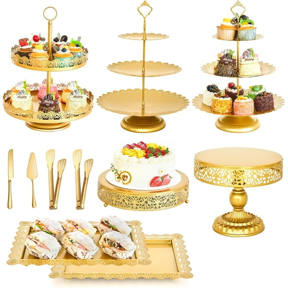 11Pcs Gold Cake Stand Set for Wedding, Dessert Table Display Set for Birthday, Metal Square Serving Trays for Candy, Cupcake Pop Stand Holder Tower with Round Base for Celebration