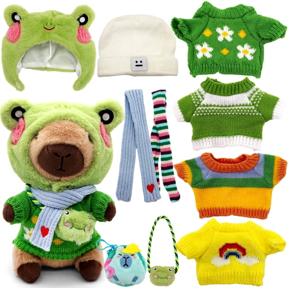 11Pcs Green Capybara Stuffed Animal Dress Up Outfit Set, 25cm Fluffy Capybara Plush Doll with Frog Hood, Knit Tops, Scarves & Mini Bags, Pretend Costume Playset for Kids