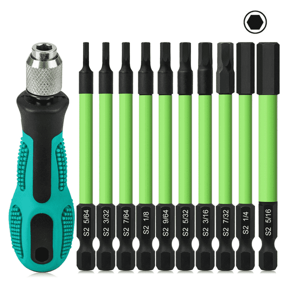 11Pcs Hex Head Allen Wrench Drill Bits + Quick Change Bit Driver,  SAE(5/64" to 5/16"), 1/4" Impact Driver Bit Set, Magnetic Tips Screwdriver Bits Hex Drill Bit Set, S2 Steel, 3.5" Long