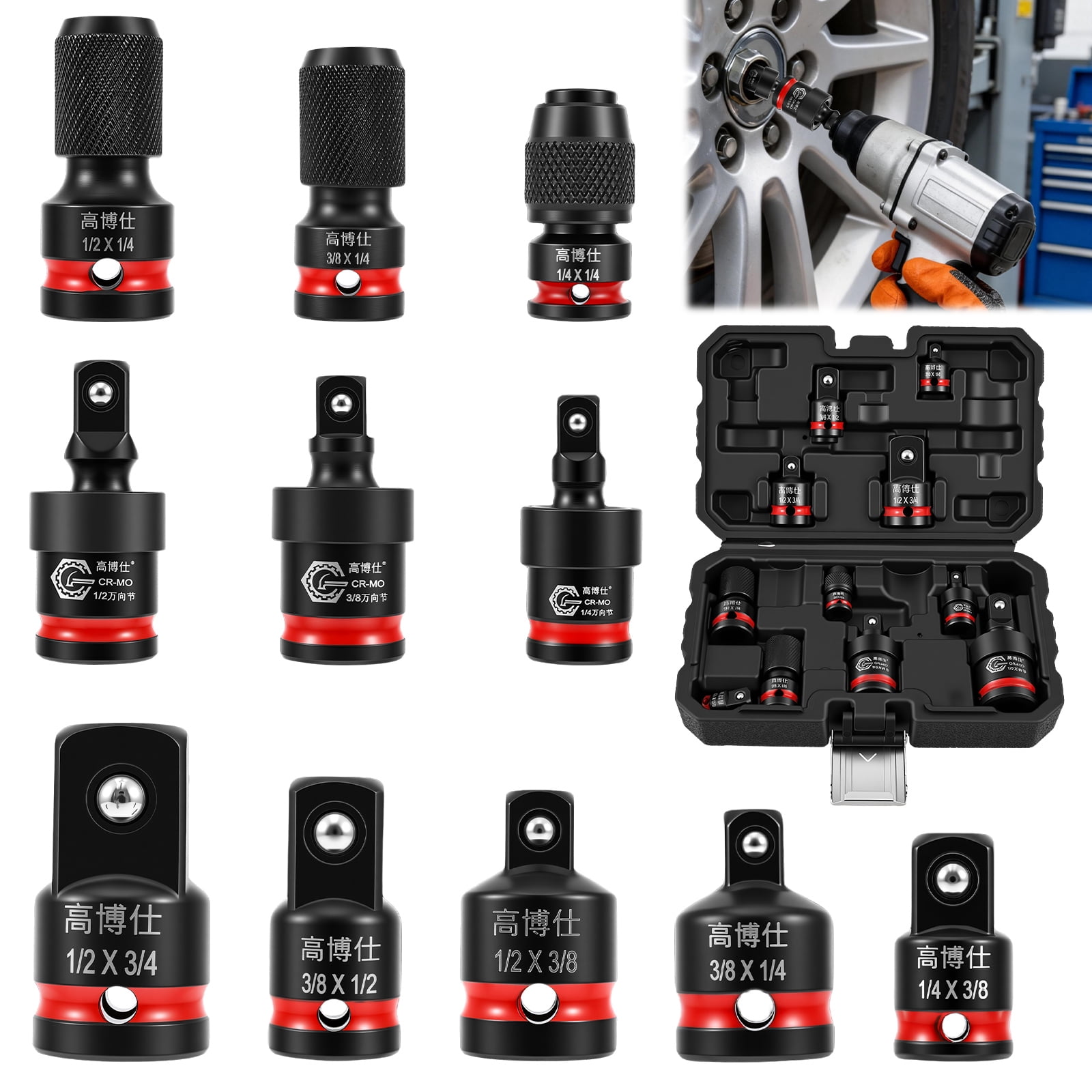 11Pcs Impact Socket Adapter Set Chromium Molybdenum Steel 1/4 3/8 1/2 Inch Drive Impact Socket Accessory with Reducer Extension Universal Bit Holder for DIY Automotive Repair