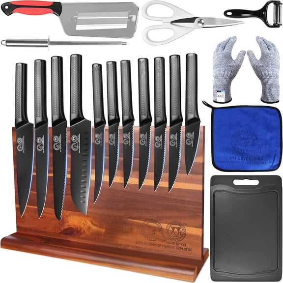 11Pcs Japanese Style Knives with Magnetic Knife Block, Sharpening Stick, Scissors, Gloves, Stainless Steel Paring Boning Steak Slicing Santoku Chef Knives