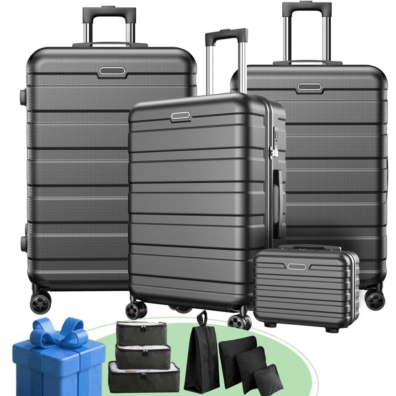 11Pcs Lightweight Luggage Set Suitcase, 20" Carry-On Luggage&28" Checked Luggage&Hand Case&Packing Cubes, Hardside Spinner Wheels,Black