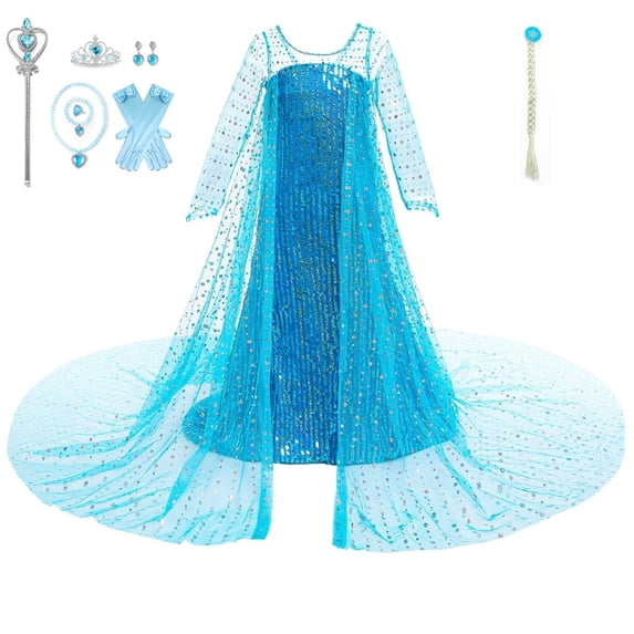 11Pcs Luxury Princess Dress Costumes with Shining Long Cape Girls Birthday Party Blue