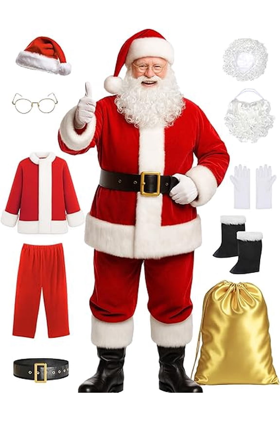 11Pcs Men's Santa Claus Outfit Christmas Velvet Adult Deluxe Santa Suit Christmas Gifts