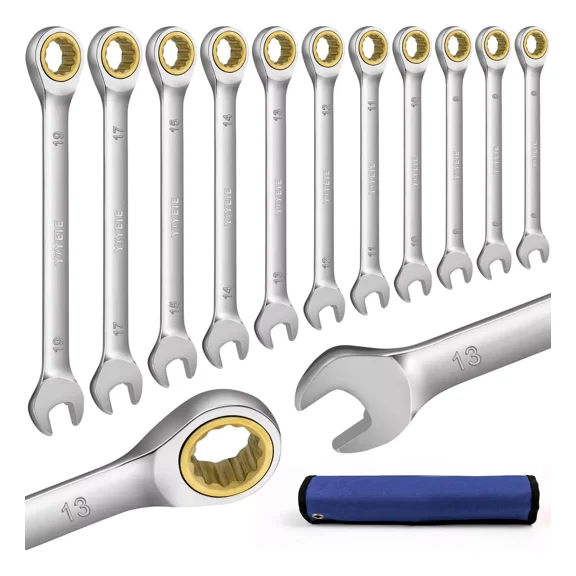 11Pcs Metric Ratcheting Wrench Set , Sizes 8-19mm, Combination Wrench Set in Cr-V Steel with Wrench Storage Pouch