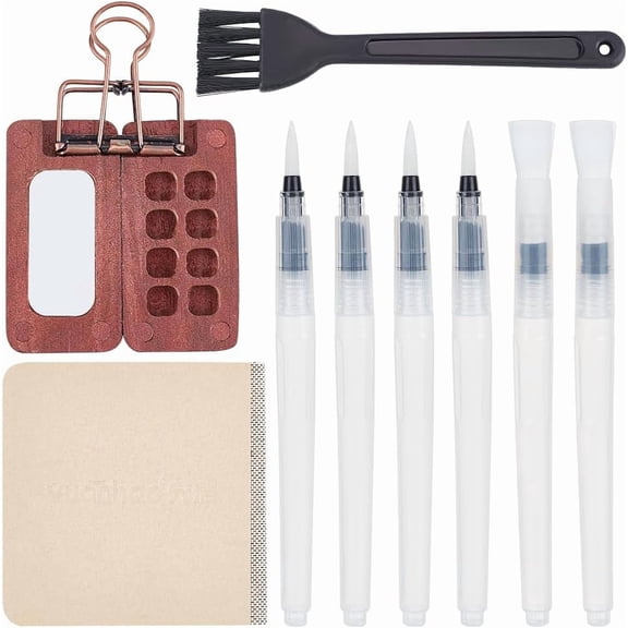 11Pcs Mini Portable Watercolor Palette Set Travel Paint Palette Kit Walnut Grid Paint Box Mini Travel Watercolor Set Pocket Watercolor Travel Set with Brush Sketchbooks DIY