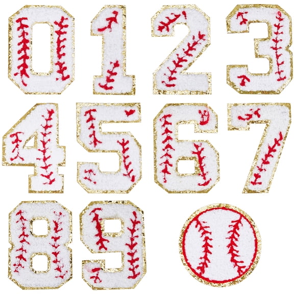 11Pcs Number 0~9 Flat Tennis Shaped Towel Embroidery Style Cotton Iron on/Sew on Patches Appliques Badges with Gold Rim for Clothes Dress