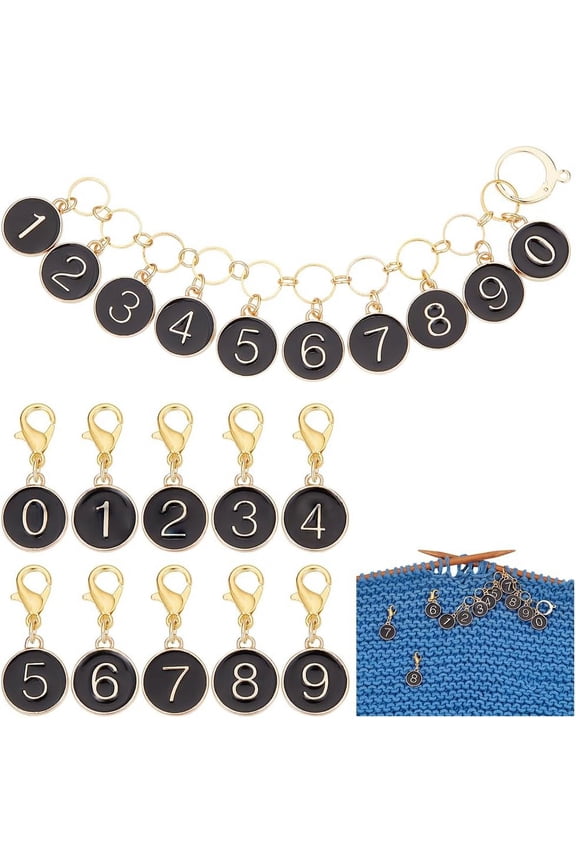 11Pcs Number Stitch Marker Charms Alloy Black Enamel 0~9 Knitting Row Counter Chains Enamel Locking Stitch Charm with Lobster Clasps for Knitting Weaving Sewing DIY