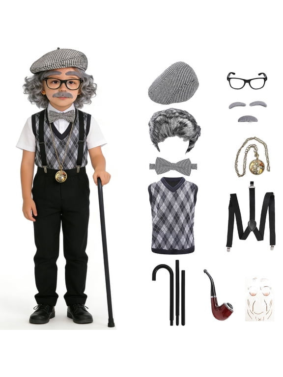 11Pcs Old Man Outfits for Kids Boys 100 Days of School Grandpa Outfit with Wig Hat Cane Suspenders Pocket Watch Pipe Accessories